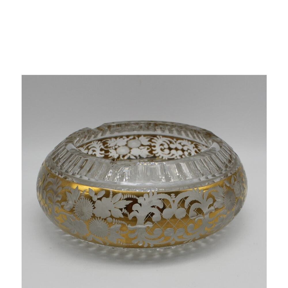 Crystal Gold Trim Deep Etching Diamond Point Czech‎ Bohemian 6" Round Ashtray